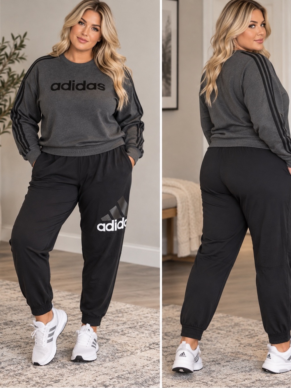 adidas charcoal women’s large Sweatshirt and Black Joggers Set